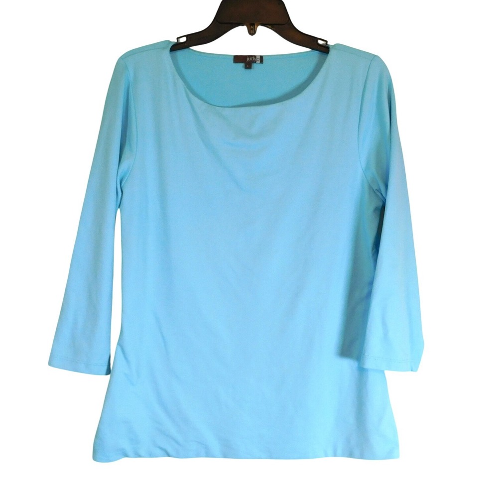 Judy P Light Blue Microfiber Lycra 3/4 Sleeve Boat Neck Top Large USA Made